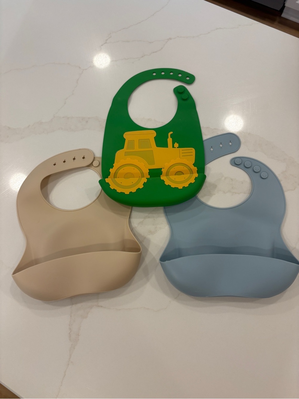 Like NEW Silicone Baby Bib Set - Green Tractor, Beige, Blue